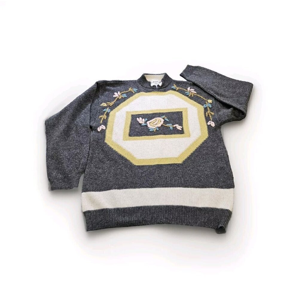 Point Sweater Women M/L Gray Floral Embroidery Italy LS Crewneck Wool Blend Boho - Picture 10 of 11